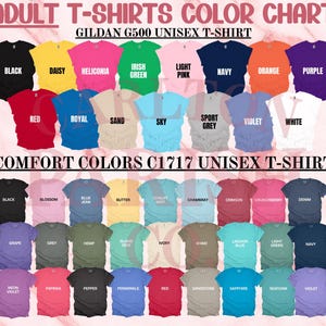a color chart for adult t-shirts, featuring a variety of colors such as black, yellow, green, blue, pink, navy, orange, purple, red, royal, sand, sky, sport grey, violet, white, and others.