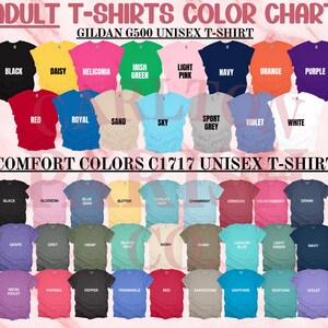 a color chart for adult t-shirts, featuring a variety of colors such as black, yellow, green, blue, pink, navy, orange, purple, red, royal, sand, sky, sport grey, violet, white, and others.