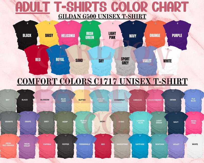 a color chart for adult t-shirts, featuring a variety of colors such as black, yellow, green, blue, pink, navy, orange, purple, red, royal, sand, sky, sport grey, violet, white, and others.