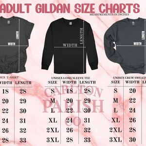 three adult gilt size charts, each showing the measurements in inches for different types of shirts. The charts provide a visual guide for selecting the appropriate size based on the wearer's height and body measurements.