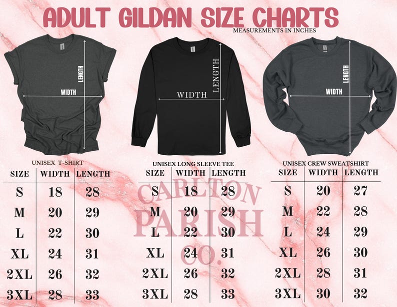 three adult gilt size charts, each showing the measurements in inches for different types of shirts. The charts provide a visual guide for selecting the appropriate size based on the wearer's height and body measurements.