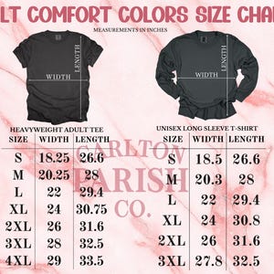 two size charts for adult comfort t-shirts. The charts provide measurements for different sizes, including S, M, L, XL, and XL, along with their corresponding widths. The charts are designed to help customers determine the appropriate size based on their height and body measurements.