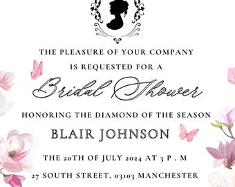 Invitación para despedida de soltera de Bridgerton: Jardín floral de Lady Whistledown (plantilla editable de Canva)