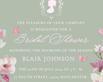 Convite para Chá de Panela Bridgerton: Lady Whistledown Floral - Modelo Canva