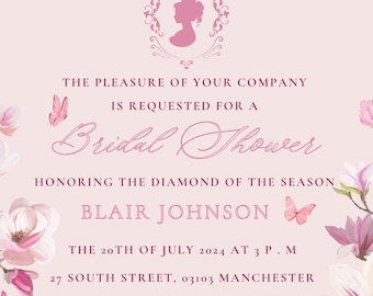 Invitación para despedida de soltera de Bridgerton: Jardín floral de Lady Whistledown (plantilla editable de Canva)