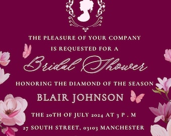 Convite para Chá de Panela Bridgerton: Modelo Floral Lady Whistledown (Canva)