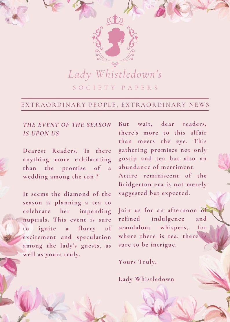 Bridgerton Bridal Shower Invitation Lady Whistledown Floral Garden