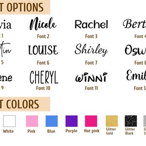 May include: A chart with 12 different font styles for names, labeled Font 1 through Font 12. Below the fonts, there is a color chart with 10 color options: black, white, pink, blue, purple, hot pink, glitter gold, glitter black, glitter silver.