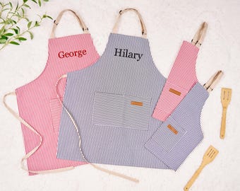 Personalized Kids Apron With Embroidered Name, Kids Apron, Striped Apron With Pockets, Kids Cooking Pinafore, Christmas Gifts for Kids