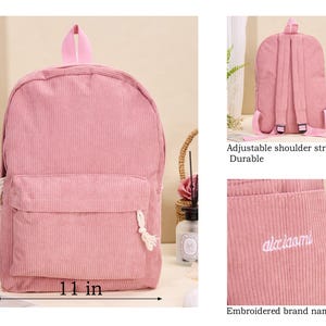 K&ouml;nnte beinhalten: Rosa Cord-Rucksack, 40.6 cm hoch und 27.9 cm breit, mit verstellbarem Schultergurt. Mit einer Vordertasche und einem oberen Griff. Der Markenname "alcciaomi" ist auf der Seite gestickt.