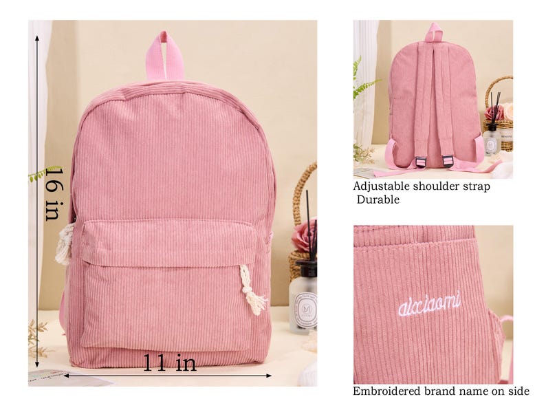 K&ouml;nnte beinhalten: Rosa Cord-Rucksack, 40.6 cm hoch und 27.9 cm breit, mit verstellbarem Schultergurt. Mit einer Vordertasche und einem oberen Griff. Der Markenname "alcciaomi" ist auf der Seite gestickt.