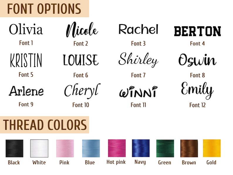 K&ouml;nnte beinhalten: Bild mit Schriftoptionen f&uuml;r Namen wie Olivia, Nicole, Rachel und Berton, mit entsprechenden Schriftnummern. Darunter eine Auswahl an Garnfarben: Schwarz, Wei&szlig;, Rosa, Blau, Pink, Marine, Gr&uuml;n, Braun und Gold.
