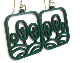 Laser Cut Wood Tree Earrings: Green Boho Jewelry