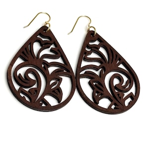 Boho Laser Cut Wood Earrings: Teardrop Floral Design