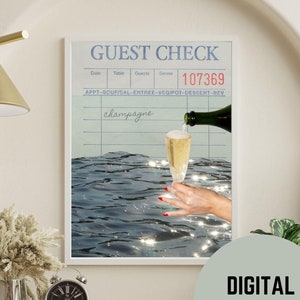 Szampan nad oceanem, Rachunek gościa, Bubbly Cheers, Happy Hour Wall Art, Dekoracja baru Vibey, Wydruki alkoholowe