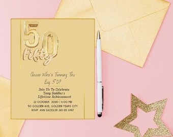 May include: A gold-colored 50th birthday invitation with the word "Fifty" in a stylized font. The invitation includes event details and is accompanied by a gold envelope, a pen, and a gold glitter star on a pink background.