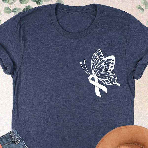 Lung Cancer Awareness Shirt, Butterfly Ribbon Shirt, Lung Cancer Survivor Shirt, White Ribbon Tee, Cancer Women Gift, Lung Warrior T-Shirt