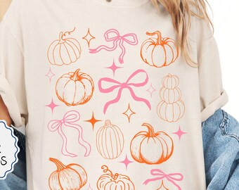 Comfort Colors® Coquette Pumpkin Shirt, Girly Fall Shirt, Fall Season Shirt, Fall Pumpkin Shirt, Fall Doodle Shirt, Women Autumn T-Shirt