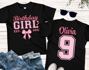 Camiseta personalizada para niña, con lazo rosa, para cumpleaños, con parte delantera y trasera, para cumpleaños infantil, un bonito regalo de cumpleaños juvenil.
