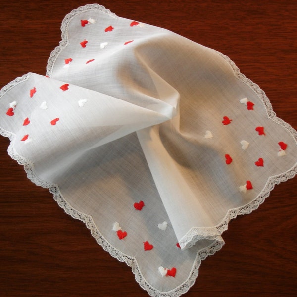 Vintage Handkerchief with Embroidered Red and White Hearts on Hankie Delicate Lace Trim