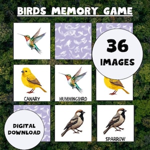 Puede incluir: Un juego de memoria colorido con 36 imágenes de diferentes pájaros. El juego incluye un canario, un colibrí, un gorrión y otros pájaros. El juego es una descarga digital.