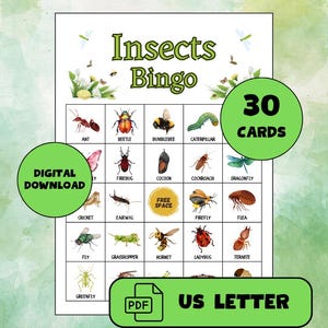 Insect Bingo Game: 30 Unique Bugs Cards (Printable PDF)