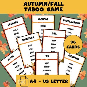 Juego tabú con temática de otoño: 96 tarjetas imprimibles, divertido juego de fiesta, descarga instantánea, 2 tamaños (carta y A4), ¡ideal para todas las edades!