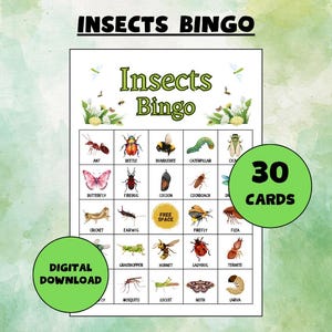Insect Bingo Game: 30 Unique Cards, Nature Education (Digital Download)
