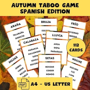 May include: A collection of Spanish-language Taboo game cards with autumn-themed words. The cards are arranged on a background of fall leaves. The game is called "Autumn Taboo Game Spanish Edition" and includes 112 cards.