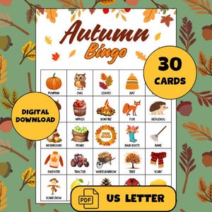 Autumn Bingo Game: 30 Unique Fall Cards (Digital Download)