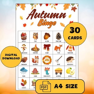 Juego de bingo de otoño: 30 tarjetas de bingo únicas, formato PDF A4 imprimible, juego divertido con temática de otoño para niños y adultos, descarga digital, juego para el aula