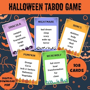 Halloween Tabu Spiel | 108 Gruselige Grusskarten | Druckbare verbotene Wörter Karten | Sofortiger Download für Halloween Party Fun | Lernspiel