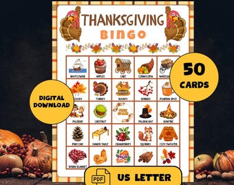 May include: A printable Thanksgiving Bingo card with 50 cards in the set. The card features images of traditional Thanksgiving symbols like a turkey, cornucopia, pilgrims, and a pumpkin spice latte. The card is designed for US Letter size paper.
