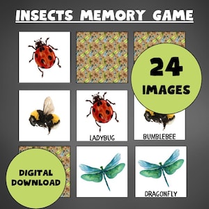 May include: A digital download memory game featuring 24 images of insects. The images include a ladybug, bumblebee, and dragonfly. The game is designed for children to learn about insects.
