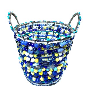 Blue, Yellow, Teal and Cream Wire Basket, Hand Beaded (BWB2020)