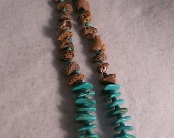 Southwestern Turquoise and Natural Brown Coral Necklace 18"