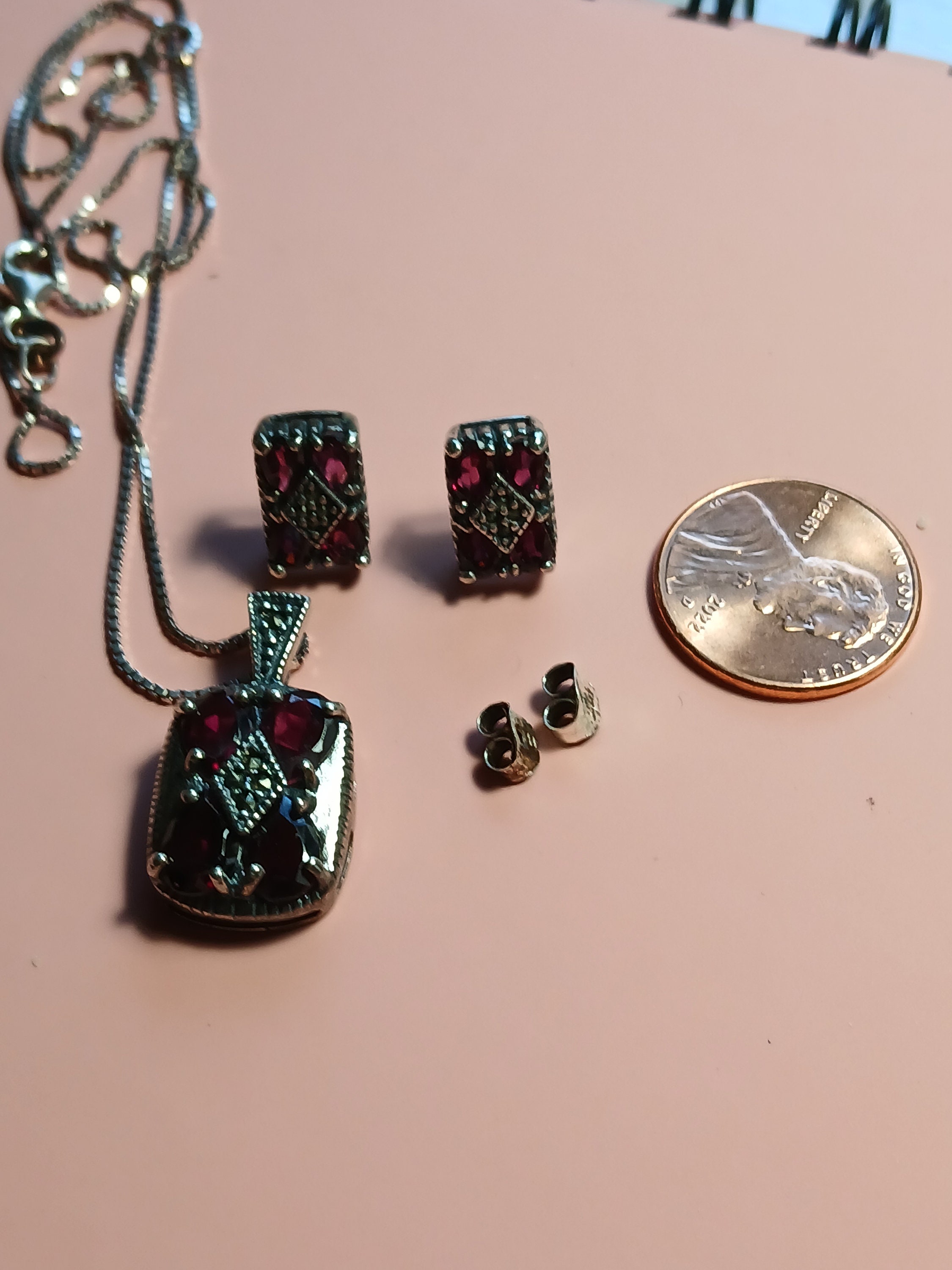 Sterling Silver Pendant Set With Garnet Crystal + Marcasites  VTG Sterling and marcasite and garnet pendant with  earring set (925) main image 1