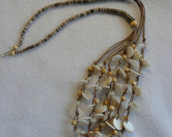 SALE  Mother of Pearl Lip Shell and Wooden Bead Necklace on Leather Knot Cord