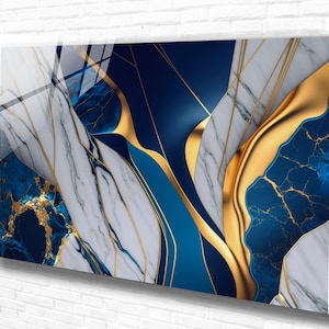 Tempered Glass Wall Art - Blue White and Gold Marble Wall Decor - Modern Elegant Abstract Glass Panel for Living Room or Office