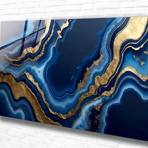 Tempered Glass Wall Art - Blue and Gold Marble Wall Art - Modern Luxury Wall Decor - Abstract Glass Panel for Living Room or Office