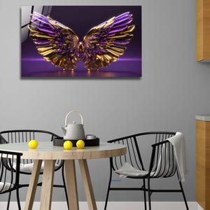 May include: A pair of large, golden wings with purple accents against a purple background. The wings are made of a shiny, metallic material and have a 3D effect.