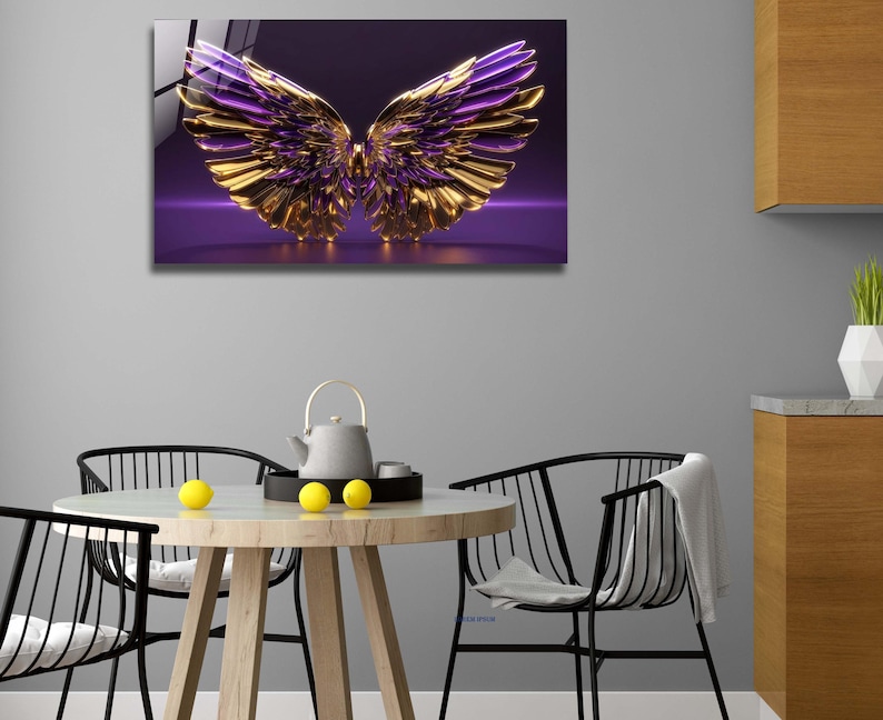 May include: A pair of large, golden wings with purple accents against a purple background. The wings are made of a shiny, metallic material and have a 3D effect.
