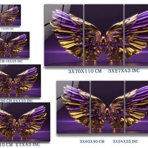 May include: A set of three wall art panels featuring a pair of gold and purple angel wings on a purple background. The panels are available in various sizes, including 35x50 cm, 46x72 cm, 60x90 cm, and 70x110 cm.