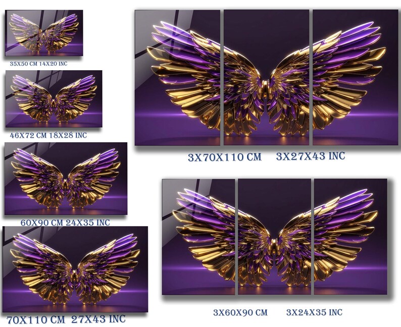 May include: A set of three wall art panels featuring a pair of gold and purple angel wings on a purple background. The panels are available in various sizes, including 35x50 cm, 46x72 cm, 60x90 cm, and 70x110 cm.