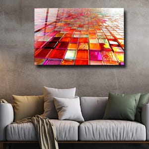 Red Glass Tiles Tempered Glass Wall Art Abstract Panoramic Wall Art,Extra Large Wall Art,Houeswarming gift,Office gift,Modern Wall Hanging