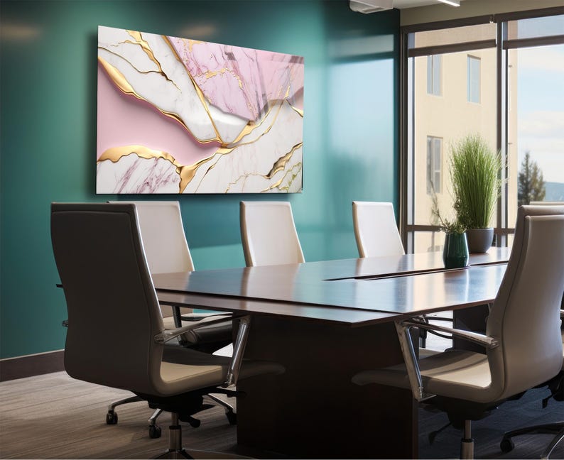 Tempered Glass Wall Art Marble Abstract White Pink Gold,Panoramic Wall Art,Extra Large Wall Art,Houeswarming gift,Office gift, Wall decor image 5