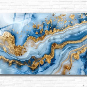 Blue Gold Marble Tempered Glass Wall Art Abstract, Panoramic Wall Art,Extra Larrge Wall Art,Houeswarming gift ,Modern Wall Hanging