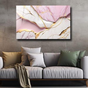 Tempered Glass Wall Art Marble Abstract White Pink Gold,Panoramic Wall Art,Extra Large Wall Art,Houeswarming gift,Office gift, Wall decor image 2