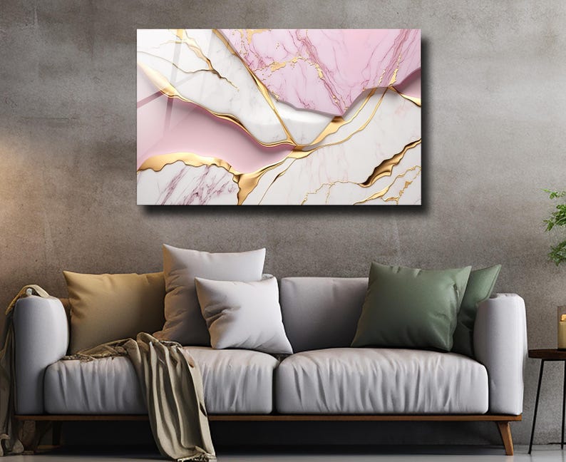 Tempered Glass Wall Art Marble Abstract White Pink Gold,Panoramic Wall Art,Extra Large Wall Art,Houeswarming gift,Office gift, Wall decor image 2