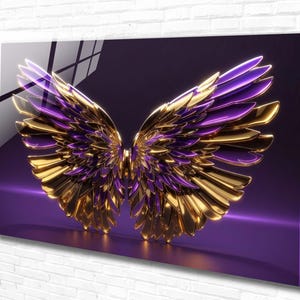 May include: A pair of large, golden wings with purple accents. The wings are spread wide and appear to be made of metal. The background is a deep purple.